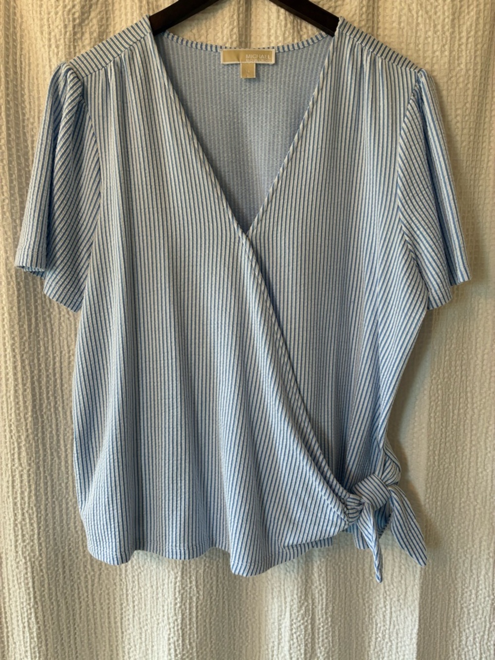 Michael Kors blue & white Wrap Tie Short Sleeve Blouse.
